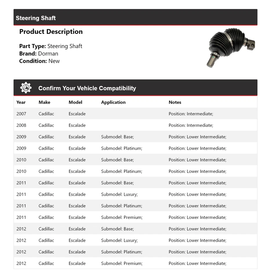 Eje de dirección para Cadillac Escalade Dorman 2007-2012 2008 2009 2010 2011 Foto 2 de 4
