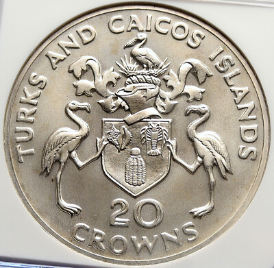 1974 TURKS & CAICOS UK WINSTON CHURCHILL Old Silver 20 Crown Coin