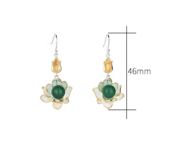 Alternate view of Jade Drop Dangle Earrings Lotus Flower Gemstone Boho 18k White Gold Plated