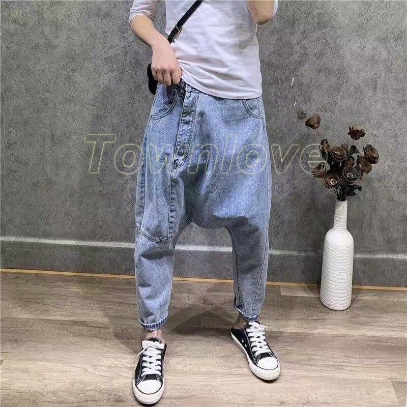 Men Women Denim Pants Harem Loose Trousers Irregular Drop Crotch