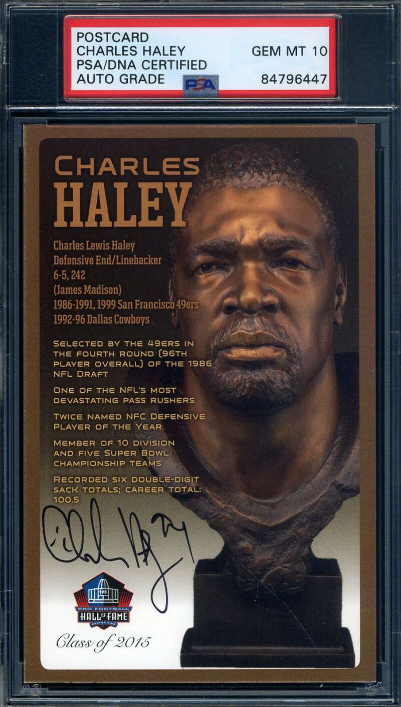 Charles Haley HOF Gem Mint 10 PSA DNA Signed Bronze Bust Postcard Autograph