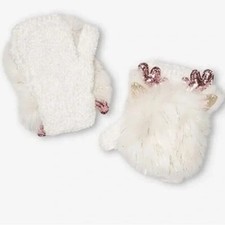 Justice Girl's Flip Gloves One Size White Pink Faux Fur Glittery Antler