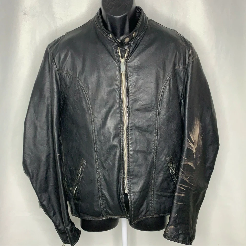 Vintage 70s Brooks Cafe Racer Leather Jacket 42 Black Liner Motorcycle Biker - Image 2 of 4