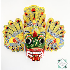 Wooden Hand Carved Boho Peacock Theme Yellow Color Wall Decor Mask
