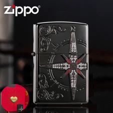 Black Ice Compass North With Shinning Crystal Zippo Lighter Special Box