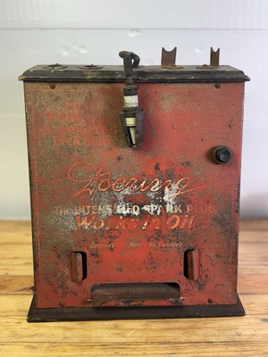 RARE!! ANTIQUE 1920 S DOERING SPARK PLUG COUNTER TOP POINT OF SALE METAL DISPLAY