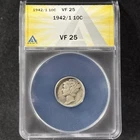 1942/1 10c Mercury Dime Philadelphia Overdate Variety Very Fine ANACS VF 25