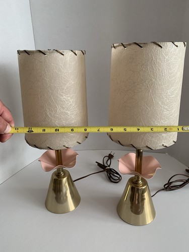 Vintage MCM Leviton Pair Table Lamps Tulip Base 16.5” W/Original Shades Working - Picture 5 of 16