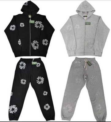 DENIM TEARS Floral Zip Hoodie & Sweatpants Tracksuit Set Black Gray, 120 per set