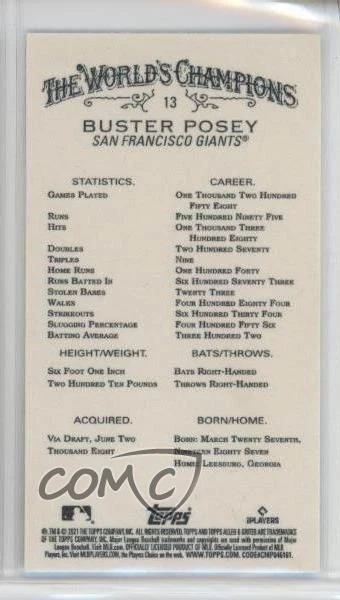 2021 Topps Allen & Ginter's Mini Black Border Buster Posey #13 - Image 2 of 2