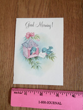 Vtg Card Bluebirds Pink House Good Morning! Ripped PRETTY Artwork Retro Bluebird