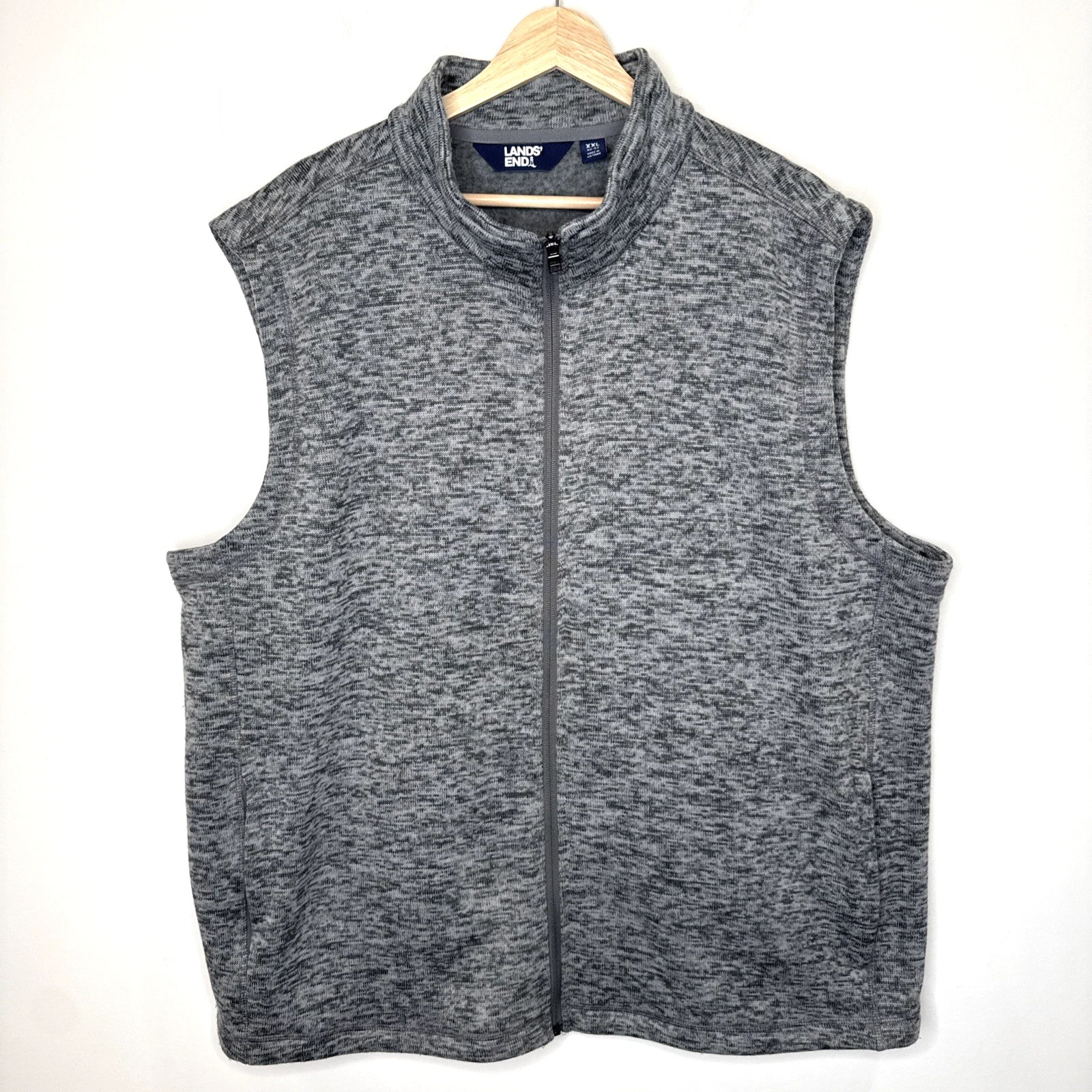 Lands End Fleece Zip Up Vest Men's XXL Gray Heathered Pockets Golf Work Layer