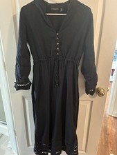 Tahari Black 100% Linen Maxi Dress Eyelet Hem Drawstring Waist Small