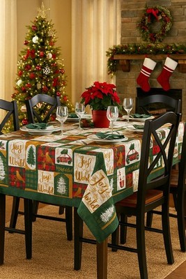 Christmas Tablecloth Patchwork Beige Birchwood Pattern 60 x 84 Rectangle/Oblong