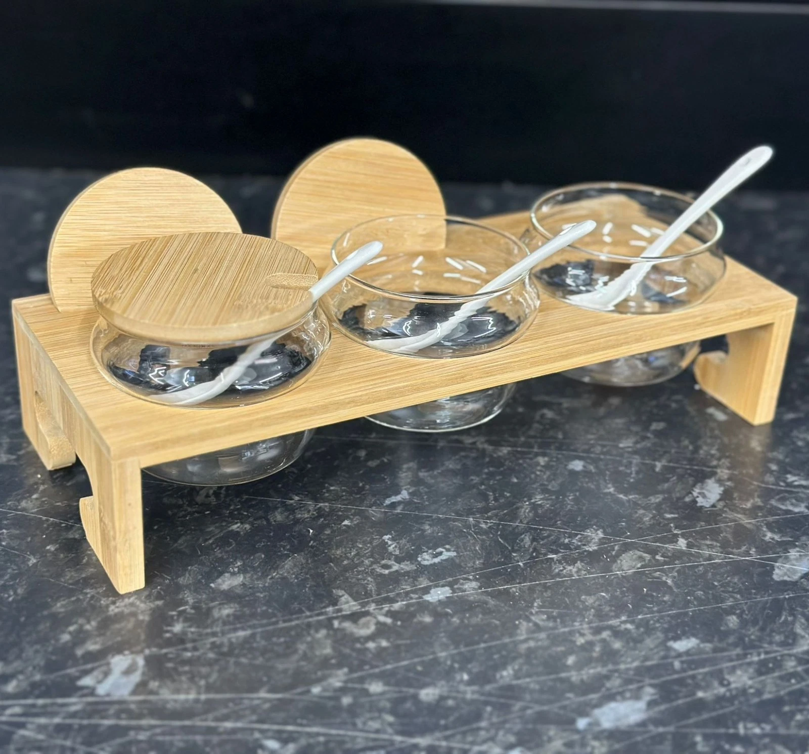 3 Glass Spice Jars with Bamboo Lids, Rack & Spoons – Kitchen Storage Set Gift