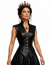Women Black Leather Vest  Gothic Corset Royal Button Closure Waistcoat