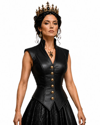 Women Black Leather Vest | Gothic Corset Royal Button Closure Waistcoat