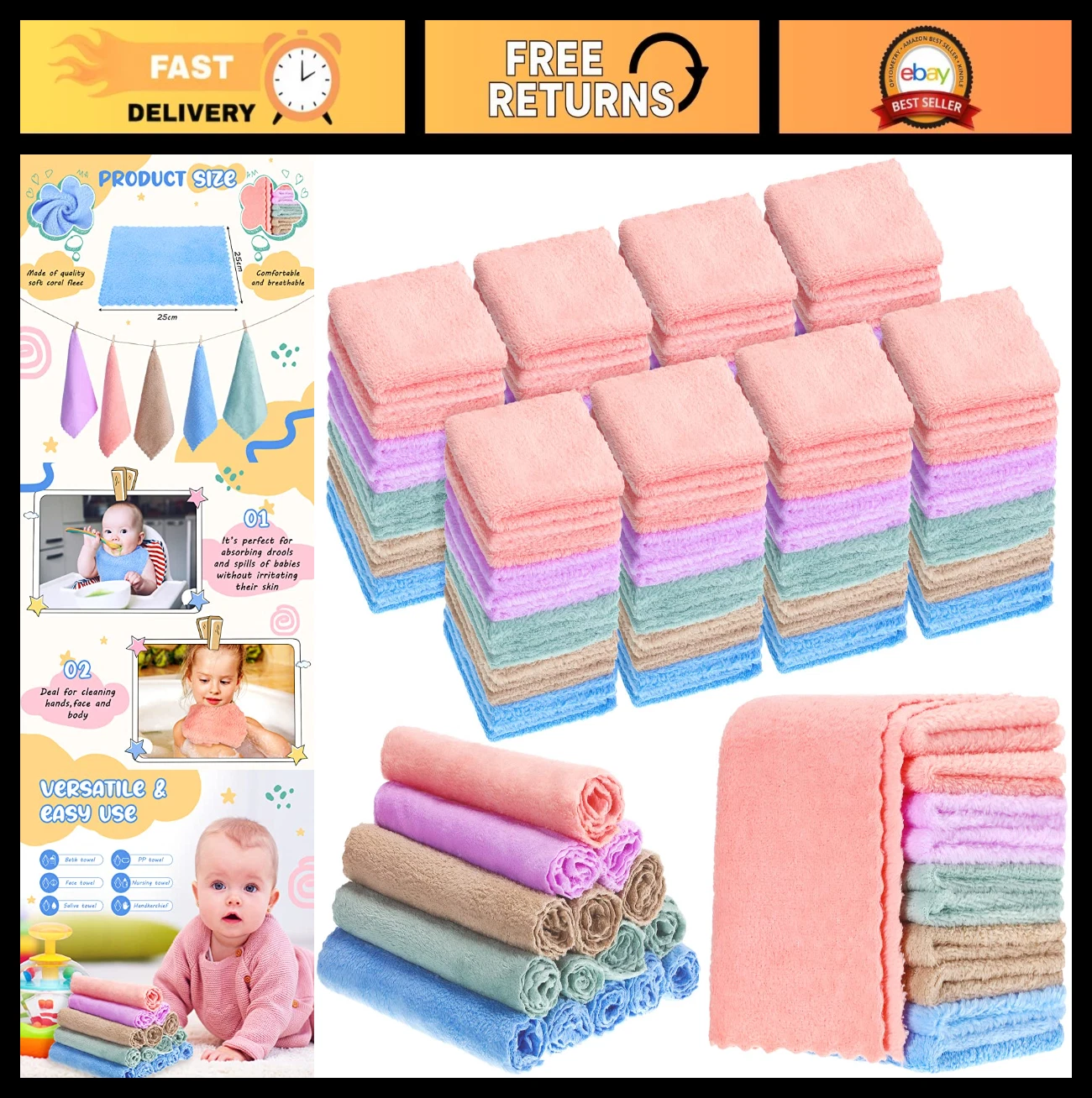 100 Pack Baby Washcloths 10x10" Microfiber Coral Fleece Soft Absorbent Towels fo