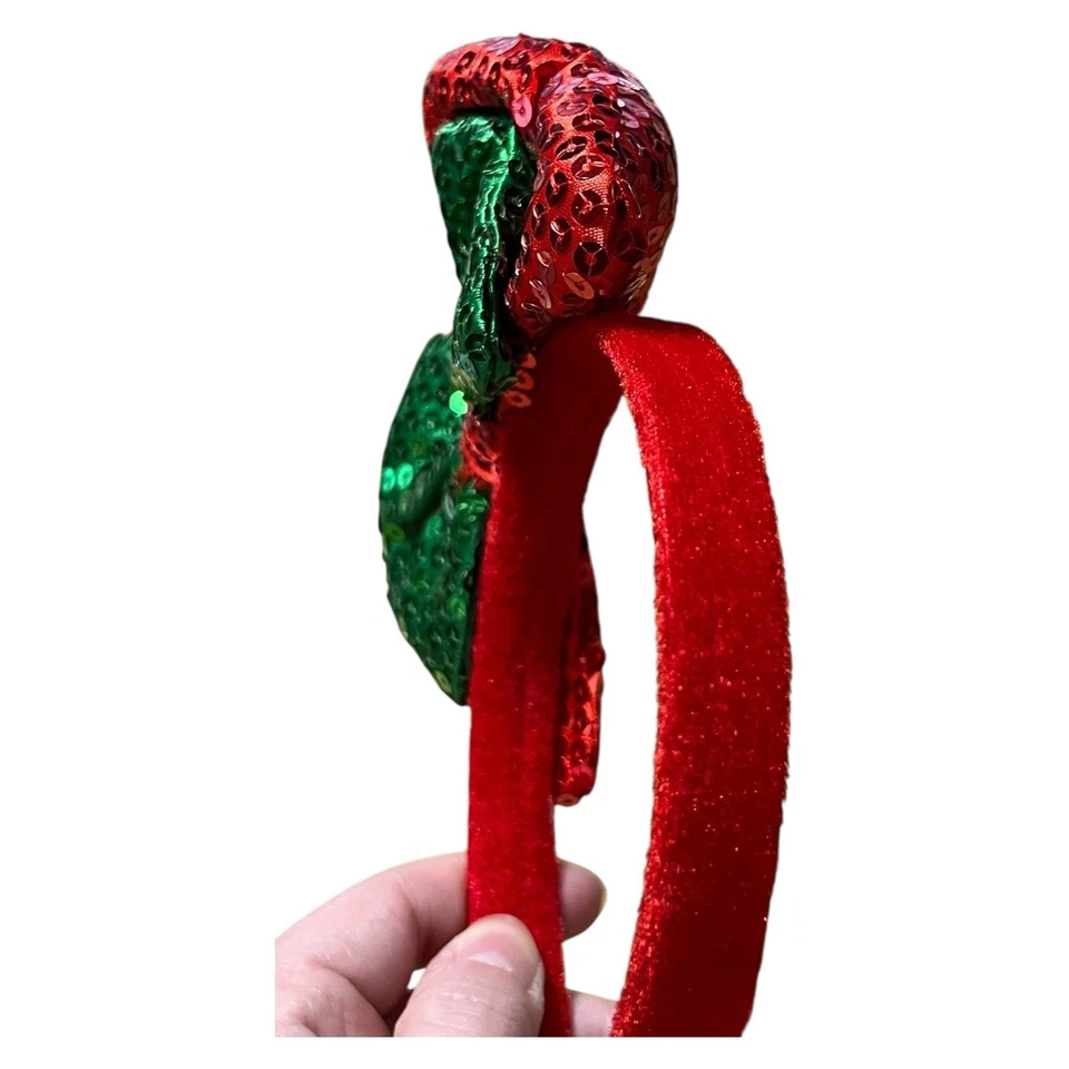 Diadema con lazo de Navidad para niñas roja y verde brillante secuencia banda dura Foto 3 de 4
