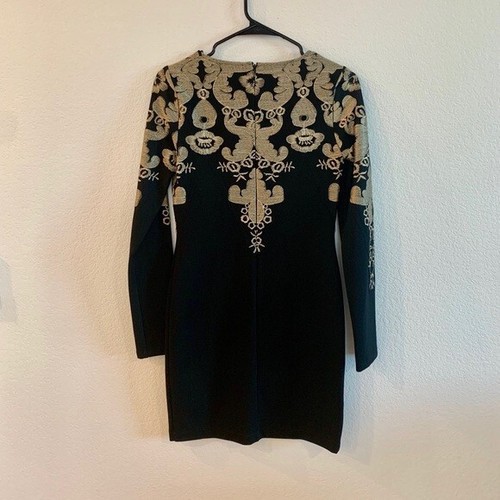 Gianni Bini Sz XS Little Black Dress Gold Embroidered Long Sleeve Stretch Sheath - Picture 11 of 12
