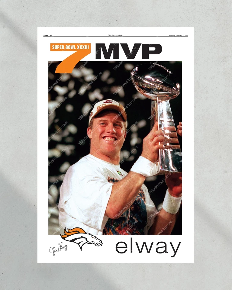 1999 John Elway Super Bowl MVP Framed Front Page Newspaper Print - Image 3 of 4