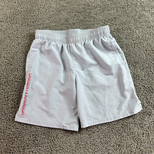 Under Armour UA Tech Shorts Boys Large Gray Red Wordmark Lightweight Pockets - Picture 2 of 12
