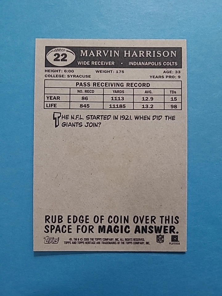 MARVIN HARRISON 2005 TOPPS HERITAGE FOOTBALL CARD # 22 H4151 - Image 2 of 2