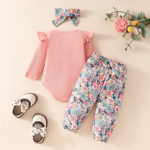 3PCS Newborn Baby Girl Ruffle Ribbed Romper Tops Floral Pants Outfit Clothes Set - Picture 13 of 21