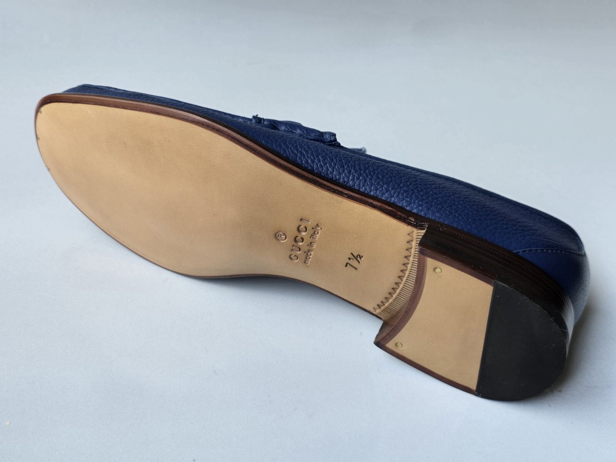 ※招き猫※ GUCCI レザーシューズ 386575 ブルー Gucci Men's 8.5 Loafers Blue Leather Horsebit Web Strap UK