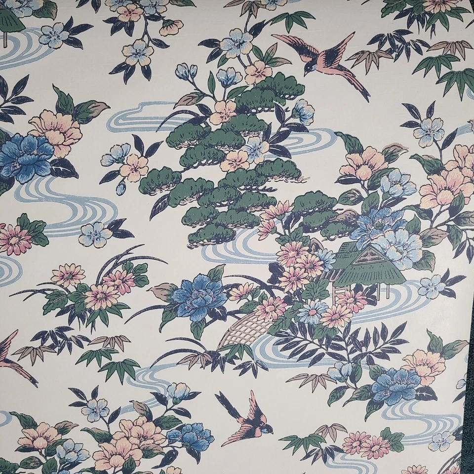 Wallpaper Oriental Scenic Asian floral Pagoda Birds Green Pink Blue Remnant 25' - Image 2 of 4