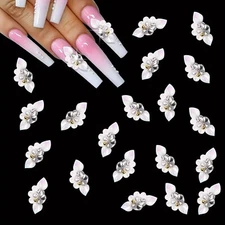 50 PC White Flower Nail Sticks 3D Flower Beads Nails Resin and Acrylic Crystals