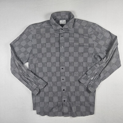 Emanuel Berg Modern Fit Dress Shirt Men's XL Black/White Houndstooth Plaid