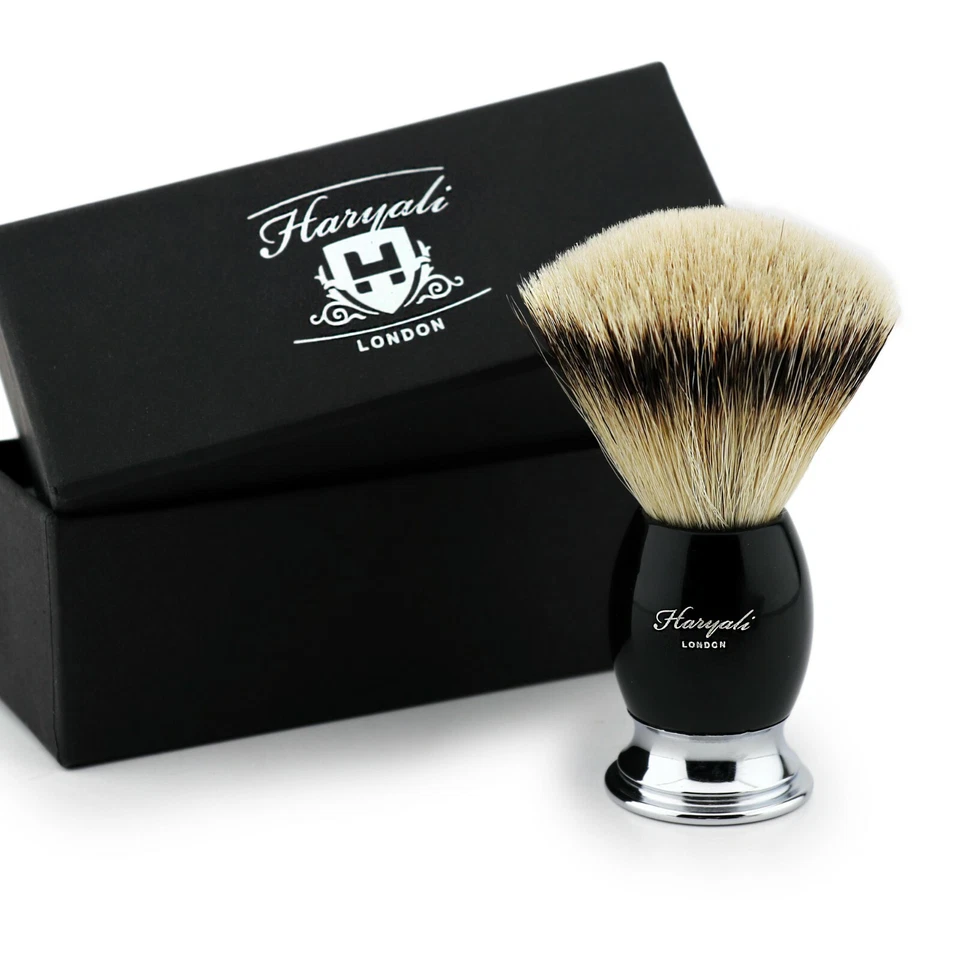 HARYALI LONDON Men's Synthetic Hair Shaving Brush in Black Chrome for Beard Ready Shave