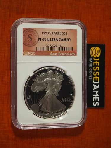 1990 S PROOF SILVER EAGLE NGC PF69 ULTRA CAMEO SAN FRANCISCO SEAL LABEL