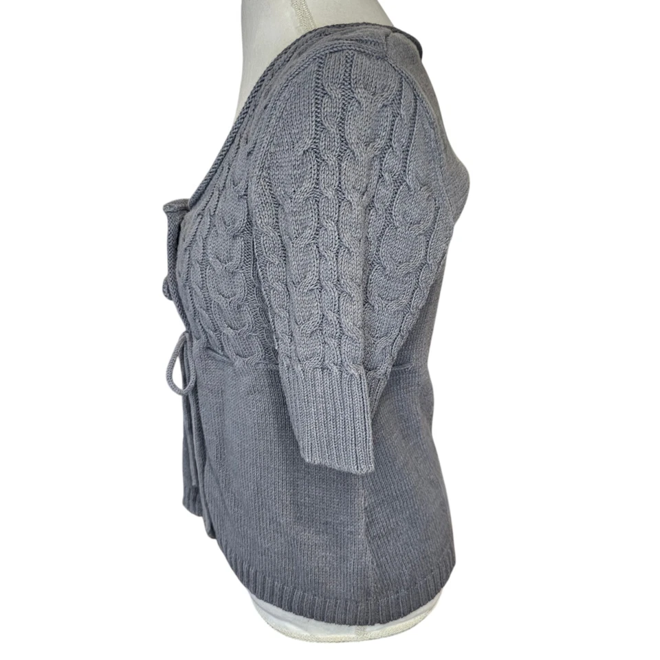 Y2K Womens Medium Babydoll Cableknit Cardigan Sweater Gray Tied 3/4 Sleeve - Image 3 of 4