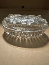 Vintage CRYSTAL RIBBONS & BELLS, Covered Dish, Frosted/Satin Glass, Decor, Candy