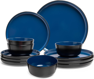 Melamine Dinnerware Sets, 12 Pcs Unbreakable Plates and Bowls Set, Outdoor Dinne