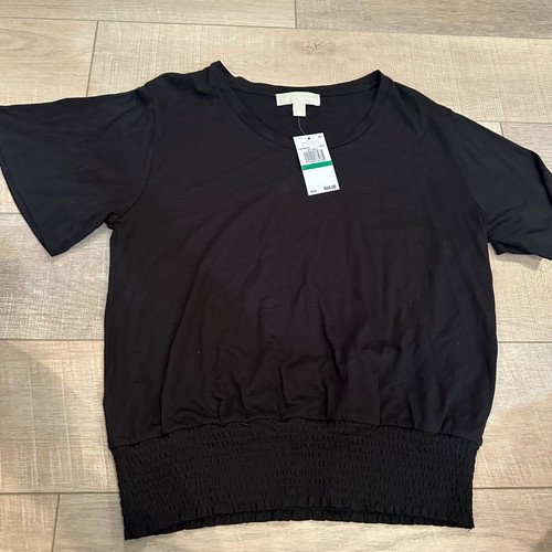 Michael Michael Kors Womens Black Short Sleeve Smocked Hem Top Size L