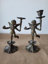 Vintage Brass Cherub Candle Holders Pair Putti Angels Baroque Rococo Patina 18cm