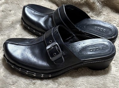 Ecco Luxury Black Leather Studded Buckle Comfort Clog Shoes Womens Sz 38/ US 7.5