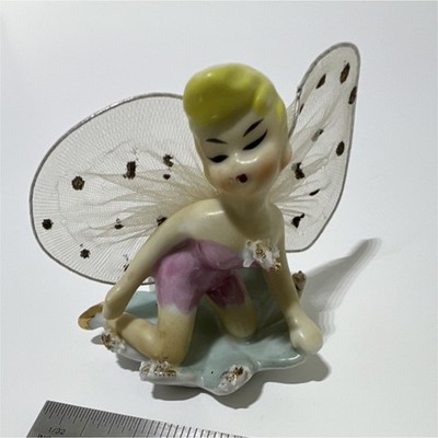 Wales Ceramic Fairy Figurine Hand Painted with Fabric Wings 1950s Multicolor