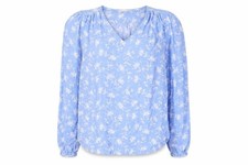 Pre Una Womens Basic Blouse Size 6 UK '' Blue Floral V-Neck Long Sleeve
