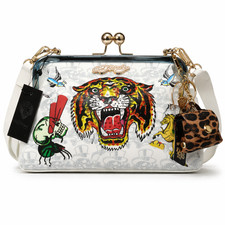 Ed Hardy Kisslock Shoulder Bag Clutch Tiger Skull Rhinestone Charm NWT White
