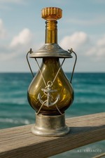 Nautical Amber Glass Decanter with Metal Anchor Design, Stopper, Handle   11.5  