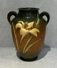 Roseville Pottery Zephyr Lily Green & Rust Vase  "134-8" Vintage 1940s CHIPPED
