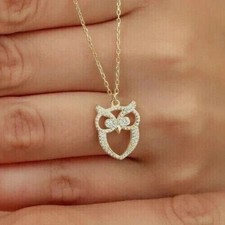 Ciondolo gufo unisex placcato oro giallo 14 kt 2 ct taglio tondo diamante simulato
