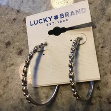 Lucky Brand Silver Tone Oblong Gold /Champagne Inlay Hoop Earring, NWT
