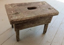 Old Rustic Wooden Farmstool~ Milking Chippy Red Green Paint Primitive Style Folk