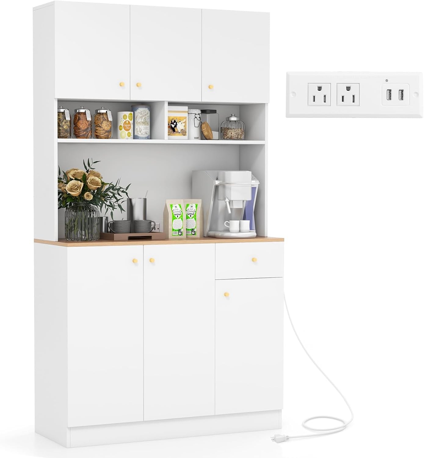 71-Inch Freestanding Kitchen Storage Cabinet with Built-In Outlets and Buffet Cupboard