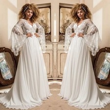 Boho Chiffon Wedding Dresses Flare Long Sleeves A-Line Beach BridalGown Lace Top
